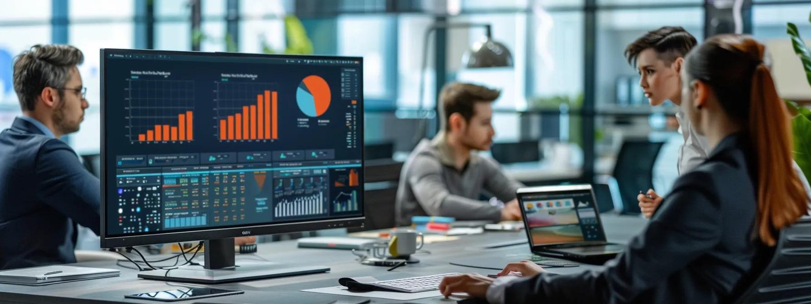Office environment with professionals collaborating, analyzing data on a large monitor displaying performance graphs and metrics, emphasizing digital marketing strategies and analytics.