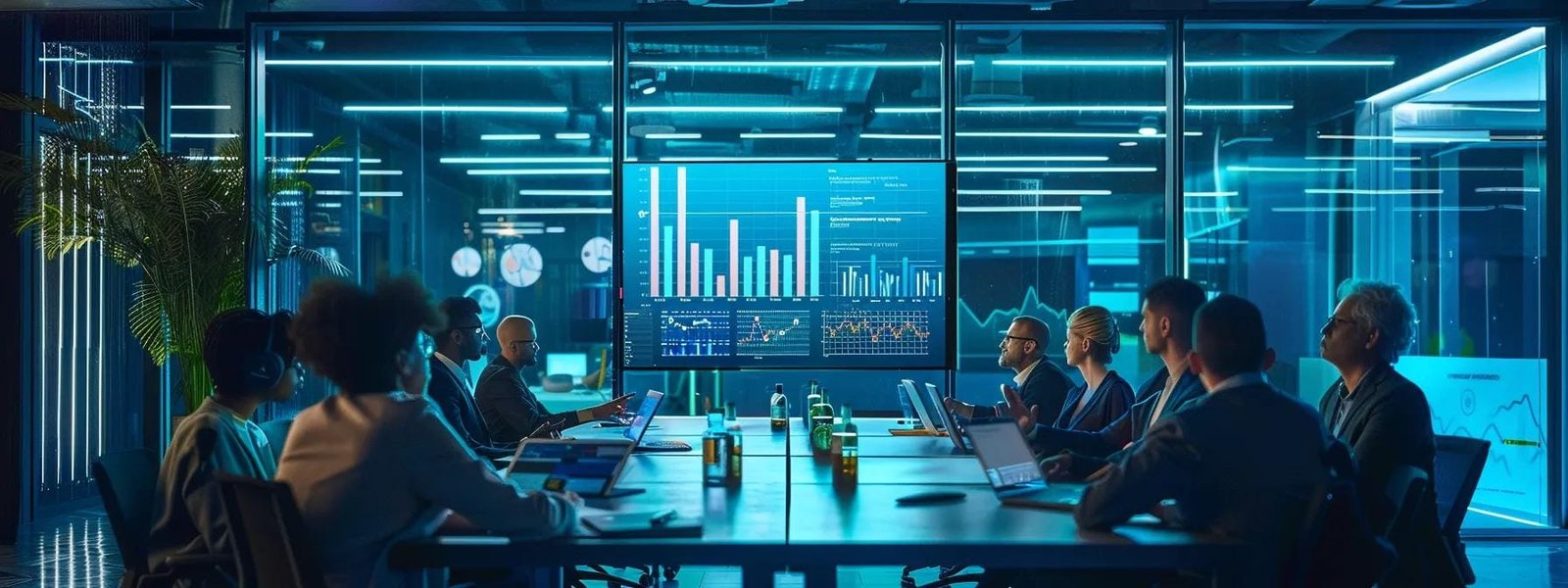 Business meeting in a modern office with diverse professionals analyzing performance marketing data displayed on a screen, surrounded by digital graphs and metrics.