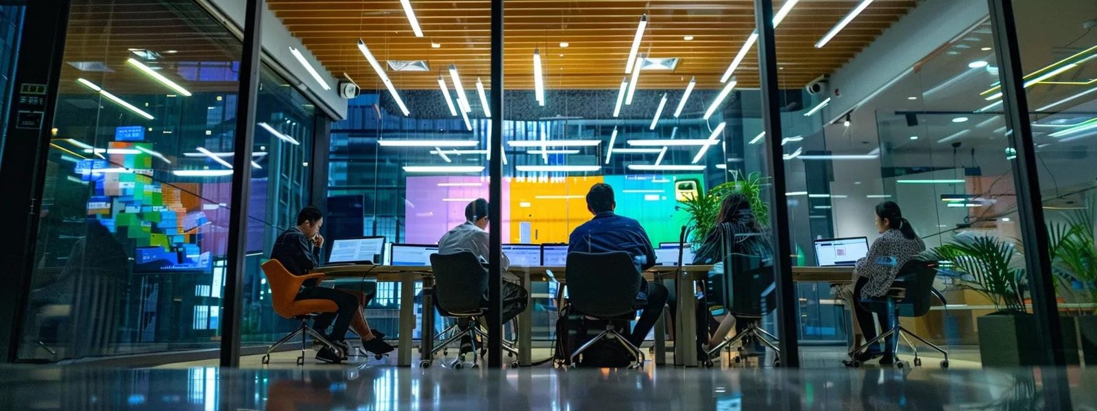 Modern office meeting room with diverse professionals collaborating, large screens displaying data analytics, and a focus on technology-driven marketing strategies.