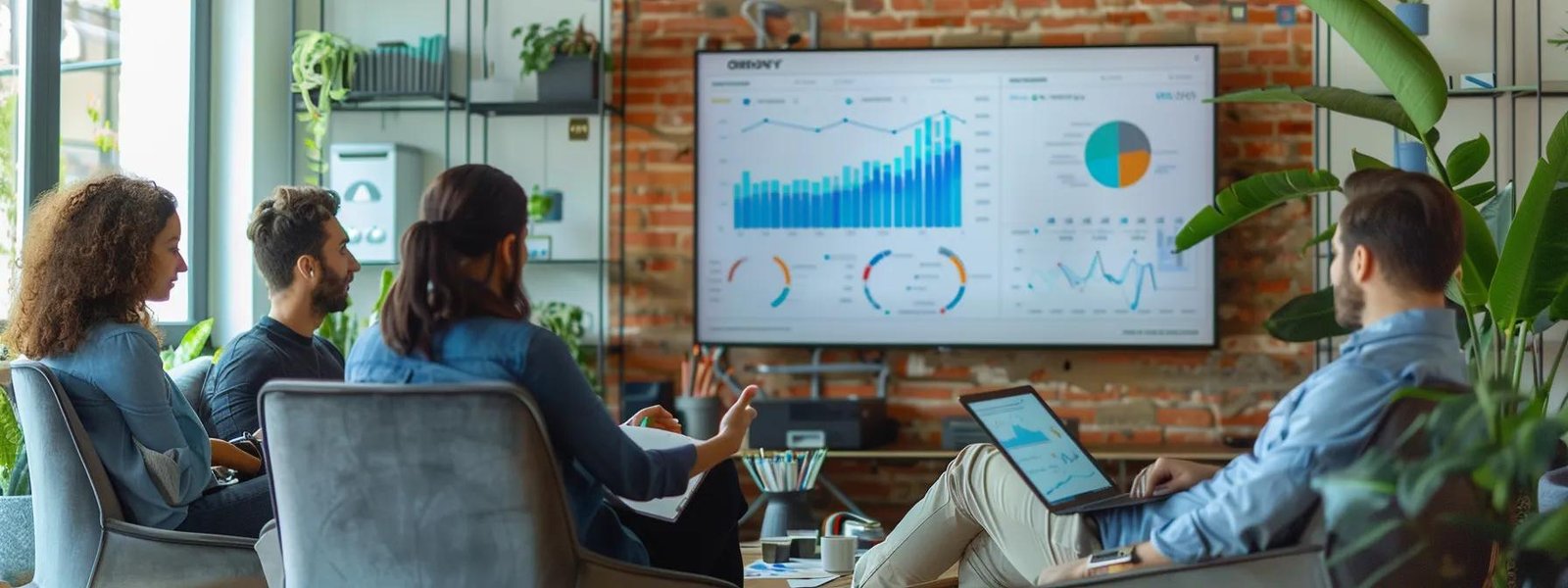 a dynamic office scene featuring a diverse team engaged in a lively discussion around a digital dashboard displaying performance marketing metrics, showcasing vibrant graphs and charts that represent growth and accountability. a dynamic office scene featuring a diverse team engaged in a lively discussion around a digital dashboard displaying performance marketing metrics, showcasing vibrant graphs and charts that represent growth and accountability.