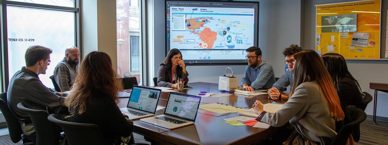 a dynamic office setting featuring a collaborative team of marketing professionals engaged in an animated discussion around a large conference table, with vibrant charts and maps illustrating the importance of local proximity in their marketing strategies. a dynamic office setting featuring a collaborative team of marketing professionals engaged in an animated discussion around a large conference table, with vibrant charts and maps illustrating the importance of local proximity in their marketing strategies.
