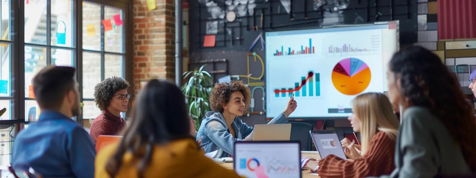 Group of diverse professionals engaged in a digital marketing strategy meeting, discussing data analytics displayed on a screen, with charts and graphs illustrating growth and success.