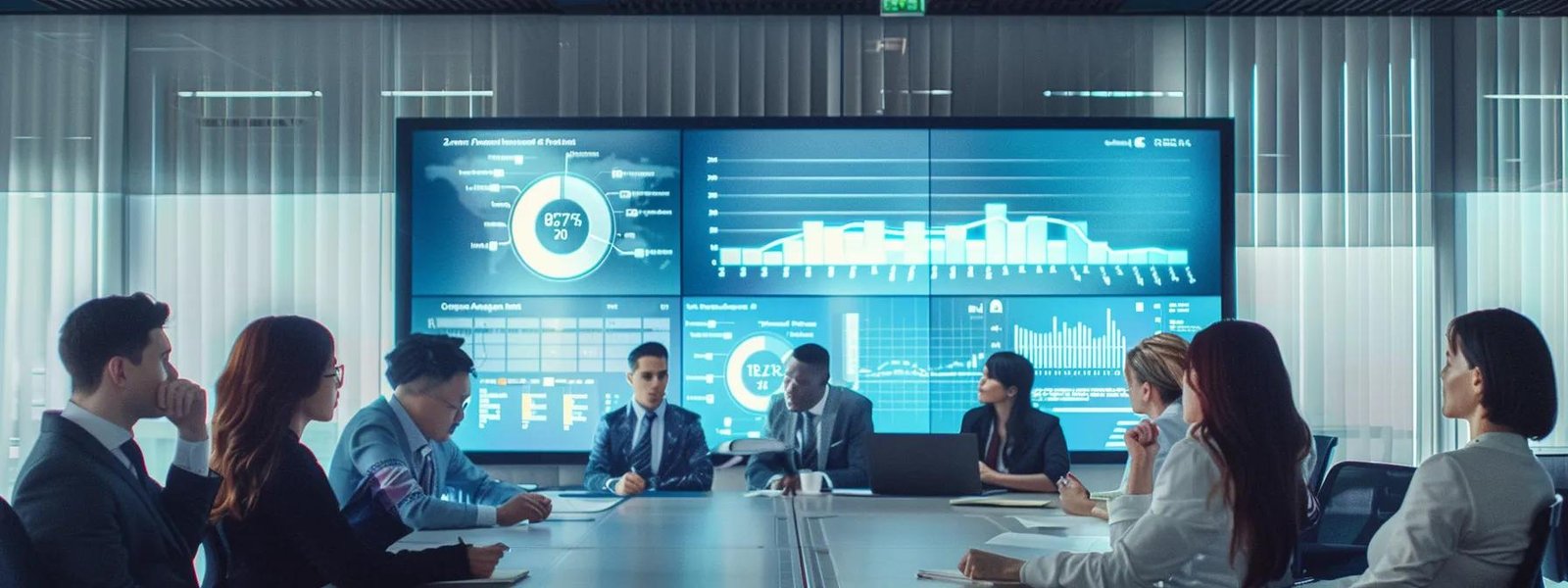 Business meeting in a modern office with diverse professionals discussing marketing strategies, large digital screens displaying data analytics and charts.