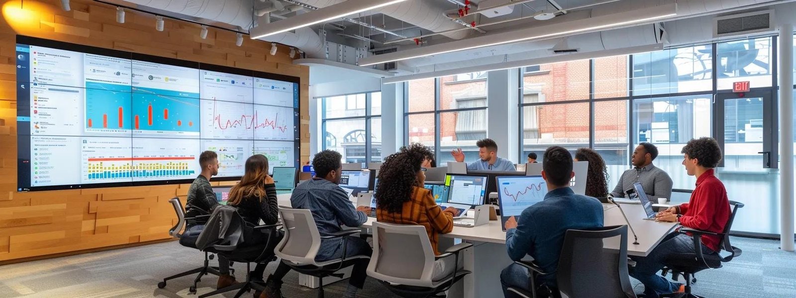 Dynamic office space with a diverse group of professionals collaborating around a conference table, analyzing data on large screens, emphasizing strategic search marketing and data-driven decision-making.