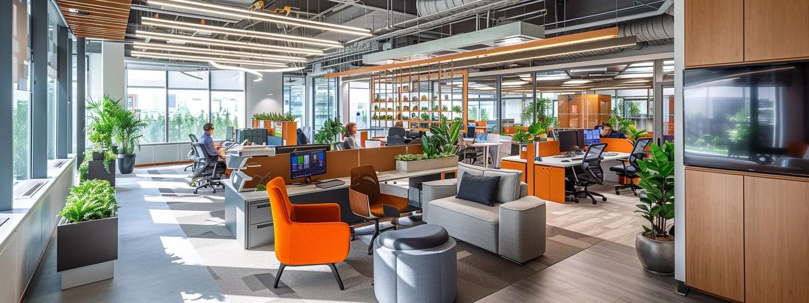Dynamic office workspace featuring modern furniture, vibrant orange accents, and green plants, illustrating a collaborative environment for digital marketing and content creation.