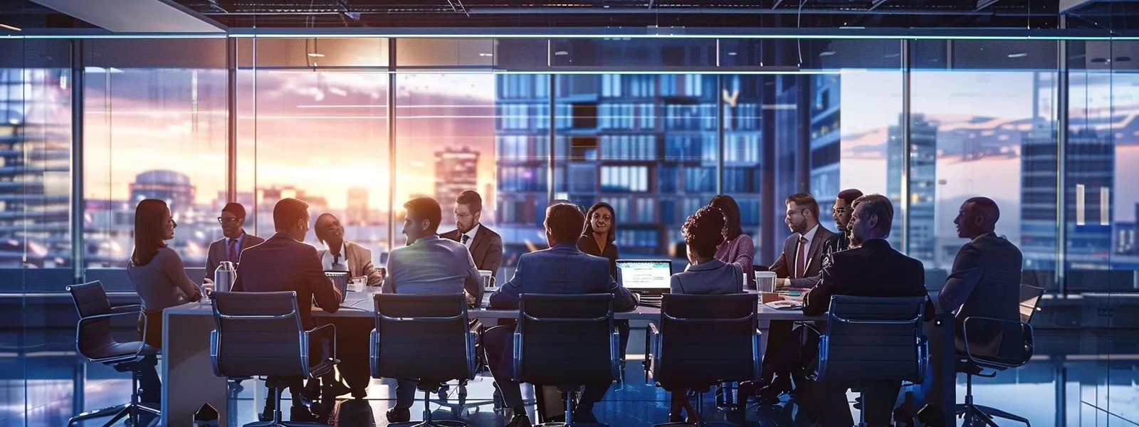 Dynamic urban office scene with diverse professionals engaged in a meeting, showcasing teamwork and collaboration in a modern business environment.