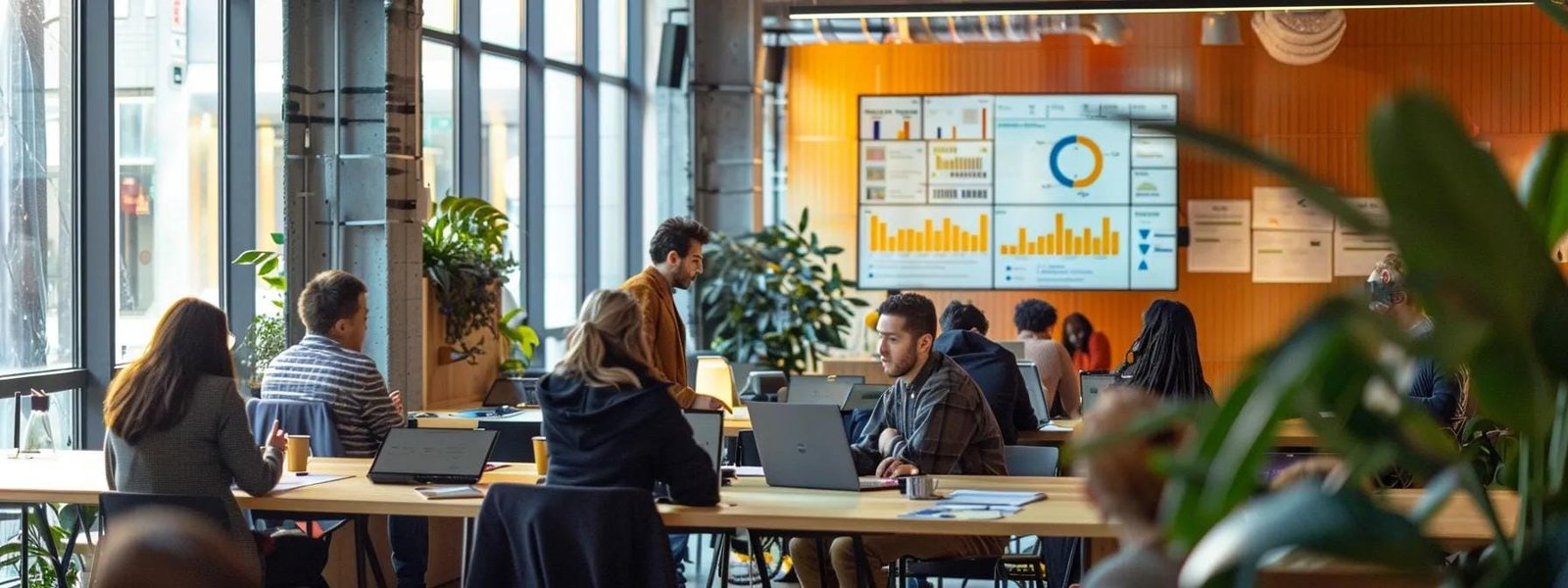 Dynamic urban office space with professionals collaborating, laptops on desks, and data visualization screens displaying marketing metrics.