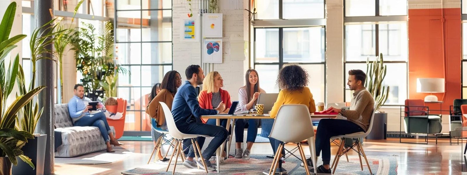 Group of diverse professionals collaborating in a vibrant urban office space, surrounded by plants and modern furnishings, emphasizing teamwork and creativity in social media management strategies.