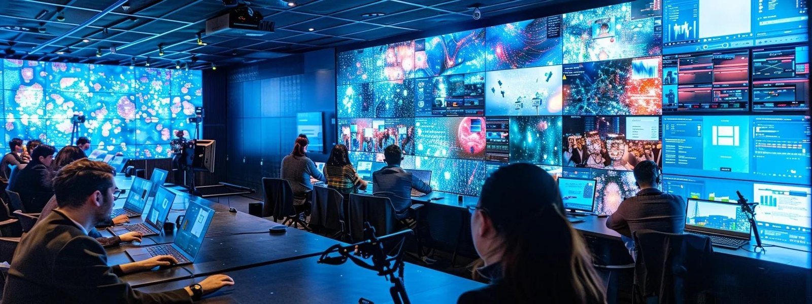 a dynamic urban workspace is buzzing with professionals engaged in various digital media activities, surrounded by vibrant screens displaying audio, video, and interactive content, capturing the essence of a multifaceted digital landscape. a dynamic urban workspace is buzzing with professionals engaged in various digital media activities, surrounded by vibrant screens displaying audio, video, and interactive content, capturing the essence of a multifaceted digital landscape.