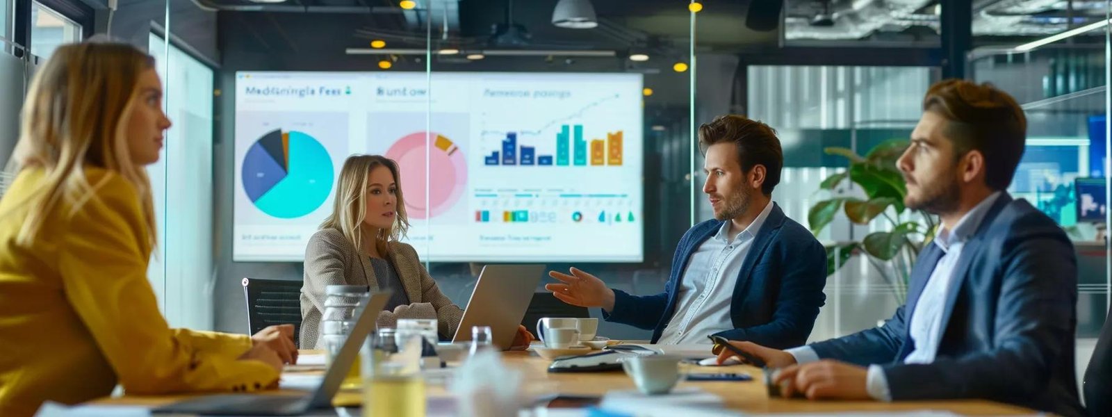 a focused business meeting scene in a modern office, featuring a diverse group of professionals engaged in a lively discussion around a sleek conference table, with a digital presentation on the wall illustrating marketing strategies and goals. a focused business meeting scene in a modern office, featuring a diverse group of professionals engaged in a lively discussion around a sleek conference table, with a digital presentation on the wall illustrating marketing strategies and goals.