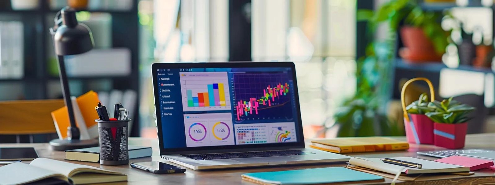 Laptop displaying colorful data charts and graphs on a desk with stationery and plants, illustrating digital marketing analytics for Facebook Ads course selection.