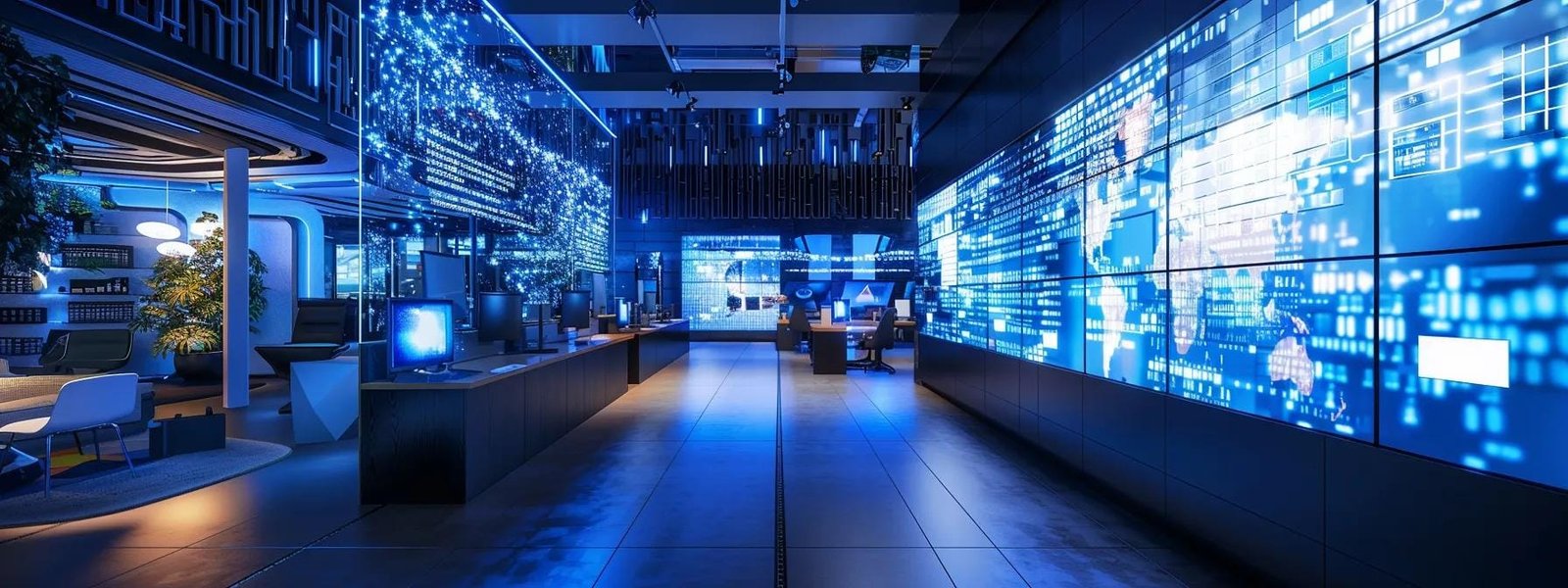 a futuristic office space filled with advanced digital screens displaying dynamic data and graphics, illuminated by sleek led lighting, embodies the innovative potential of the evolving digital media industry. a futuristic office space filled with advanced digital screens displaying dynamic data and graphics, illuminated by sleek led lighting, embodies the innovative potential of the evolving digital media industry.