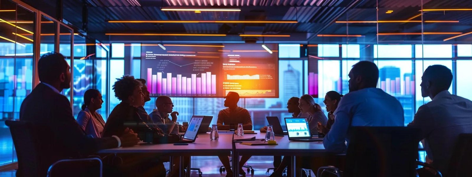 a high-contrast image of a modern conference room where a diverse group of small business owners is engaged in a focused discussion, surrounded by colorful charts and digital screens displaying marketing analytics and key performance indicators. a high-contrast image of a modern conference room where a diverse group of small business owners is engaged in a focused discussion, surrounded by colorful charts and digital screens displaying marketing analytics and key performance indicators.