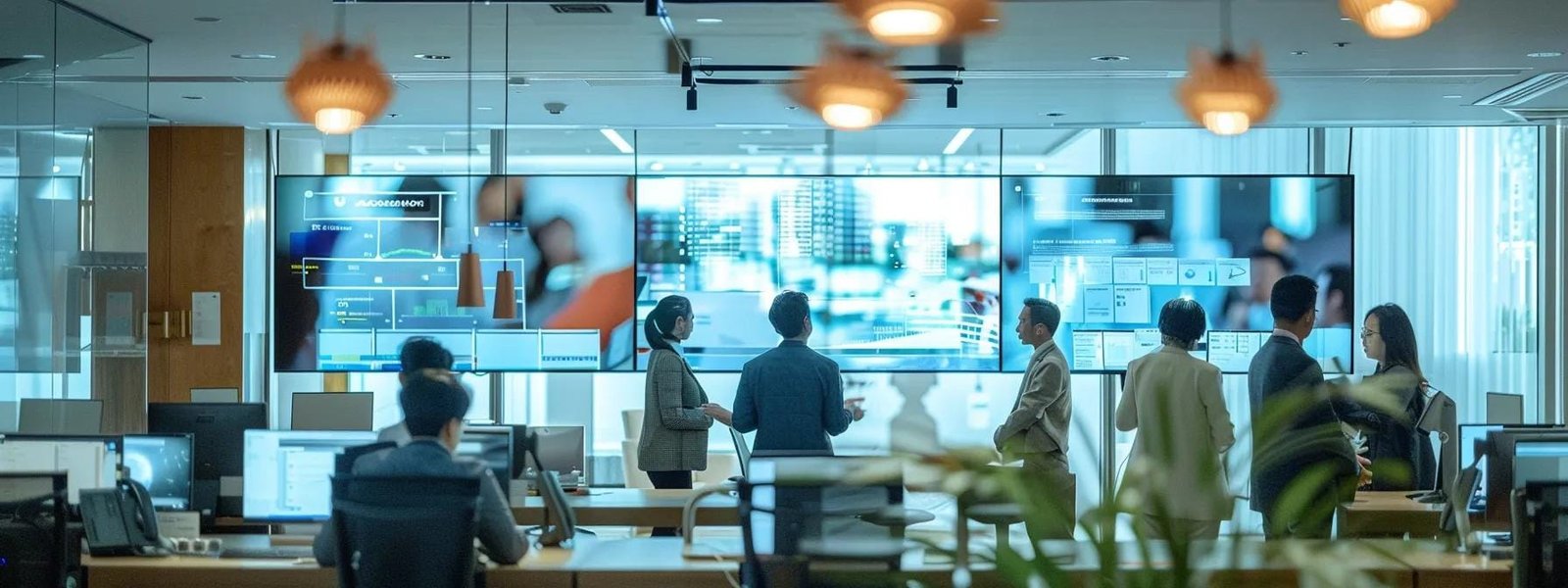 Modern office space with professionals discussing strategies in front of digital screens displaying data analytics and marketing metrics, emphasizing local marketing solutions for small businesses.