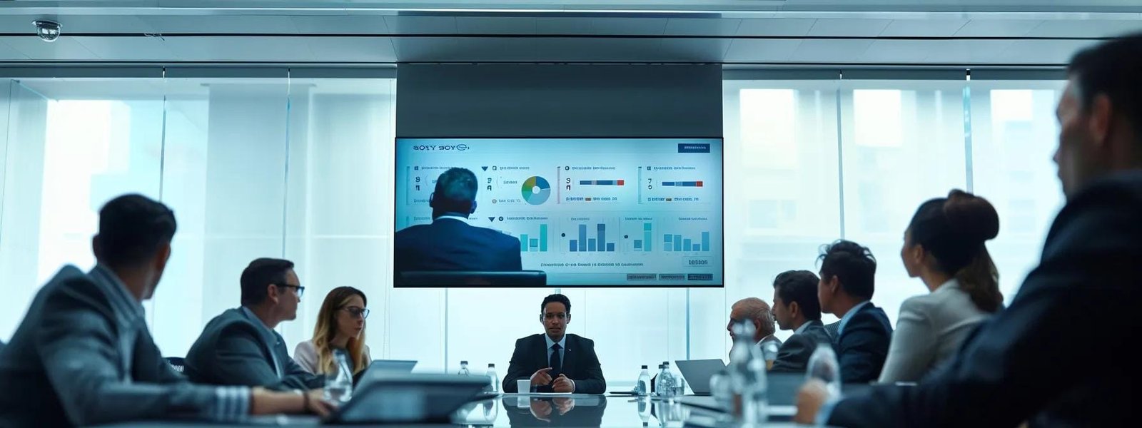 a sleek, modern conference room filled with diverse marketing professionals engaged in an animated discussion, featuring a large digital screen displaying a dynamic marketing strategy flowchart for a product launch in 2025. a sleek, modern conference room filled with diverse marketing professionals engaged in an animated discussion, featuring a large digital screen displaying a dynamic marketing strategy flowchart for a product launch in 2025.