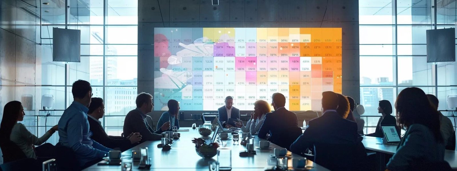a sleek, modern office conference room filled with engaged professionals examining a large digital screen displaying a colorful comparison chart of beginner digital marketing courses, highlighting their pricing, features, and outcomes. a sleek, modern office conference room filled with engaged professionals examining a large digital screen displaying a colorful comparison chart of beginner digital marketing courses, highlighting their pricing, features, and outcomes.