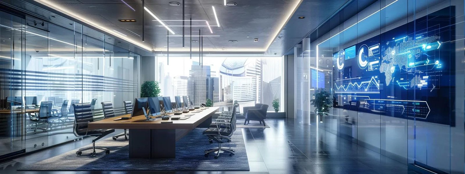 Sleek modern office interior featuring a large conference table, ergonomic chairs, digital screens displaying analytics, and a city skyline view, representing advanced technology and a professional atmosphere for digital marketing strategies.