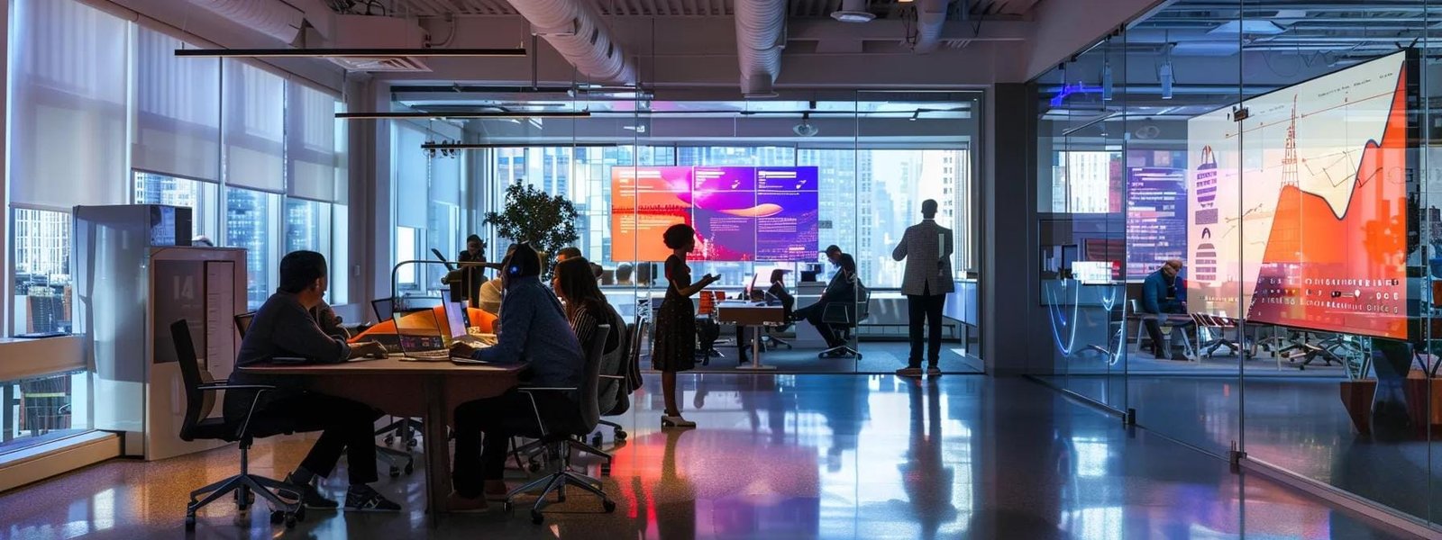 a sleek, modern office interior in new york city, showcasing a collaborative team engaging with advanced digital marketing tools, illuminated by dynamic, colorful screens displaying analytics and marketing strategies. a sleek, modern office interior in new york city, showcasing a collaborative team engaging with advanced digital marketing tools, illuminated by dynamic, colorful screens displaying analytics and marketing strategies.