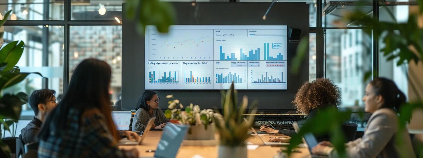 a sleek, modern office space showcases a vibrant digital marketing strategy session, with a large screen displaying data analytics, seo metrics, and facebook ad campaigns, creating an atmosphere of dynamic collaboration and innovation. a sleek, modern office space showcases a vibrant digital marketing strategy session, with a large screen displaying data analytics, seo metrics, and facebook ad campaigns, creating an atmosphere of dynamic collaboration and innovation.