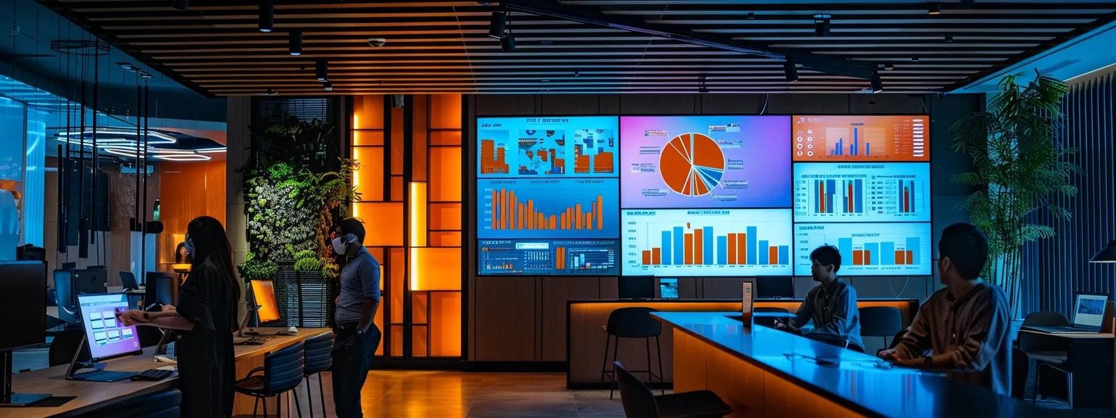 Sleek modern office space with digital screens displaying data visualizations, charts, and graphs, highlighting analytics and marketing strategies for local business growth.