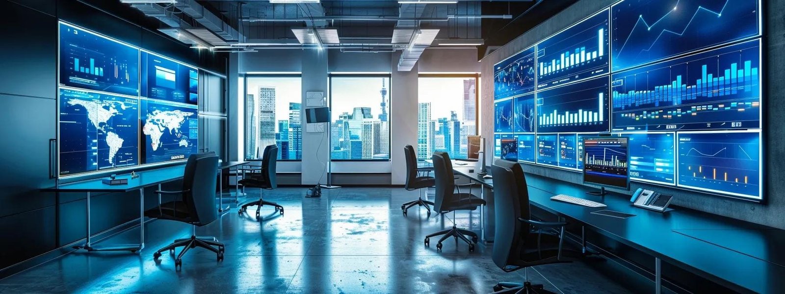 Sleek modern office with multiple high-tech screens displaying data analytics and world maps, emphasizing the role of digital media in marketing strategies.
