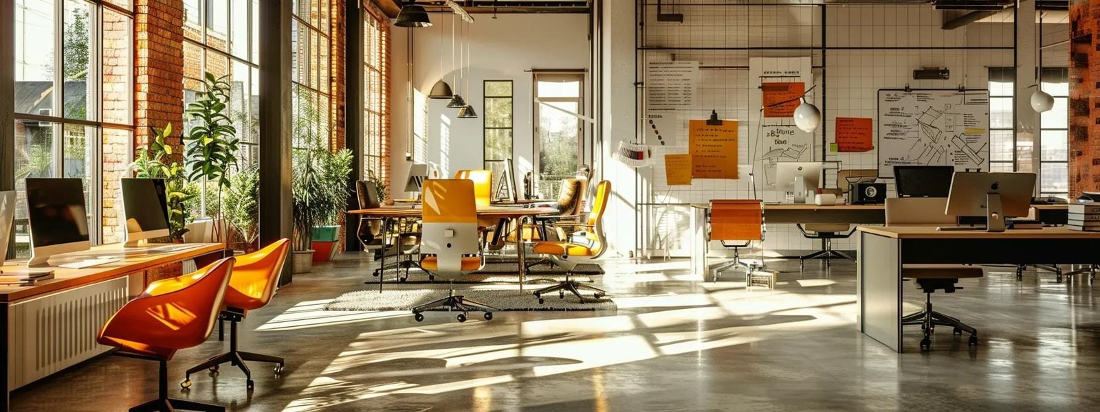 Sleek modern office workspace with large windows, vibrant orange chairs, and multiple workstations, emphasizing a collaborative environment for digital marketing strategies.
