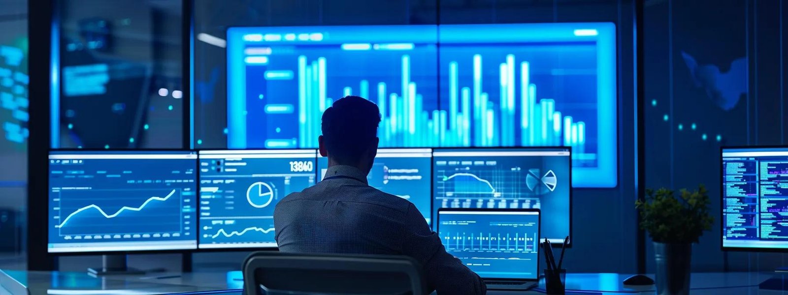 a sleek, modern office workspace is illuminated by blue and white led lights, showcasing a large digital screen displaying colorful graphs and analytics, while a focused professional analyzes dynamic search engine trends and algorithm changes on a high-tech laptop. a sleek, modern office workspace is illuminated by blue and white led lights, showcasing a large digital screen displaying colorful graphs and analytics, while a focused professional analyzes dynamic search engine trends and algorithm changes on a high-tech laptop.