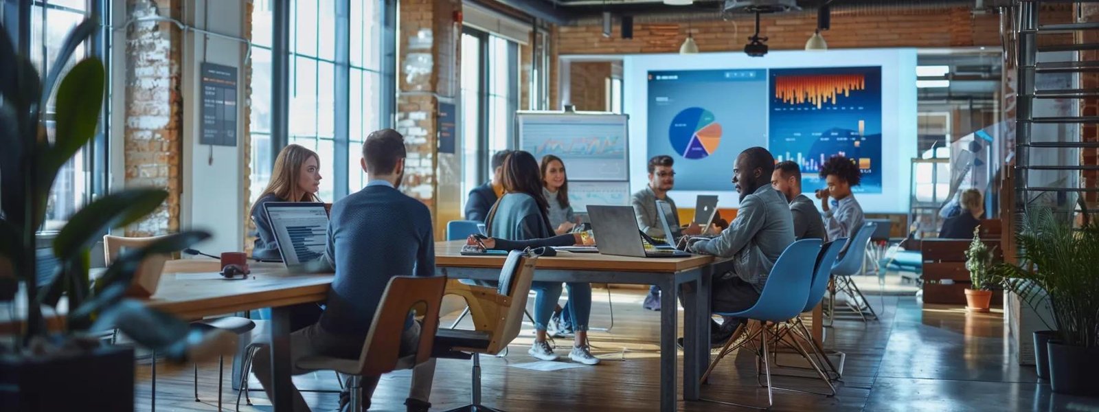 Group of diverse professionals collaborating in a modern office setting, with laptops and marketing analytics displayed on screens, reflecting WebFX's digital marketing strategies in New York City.