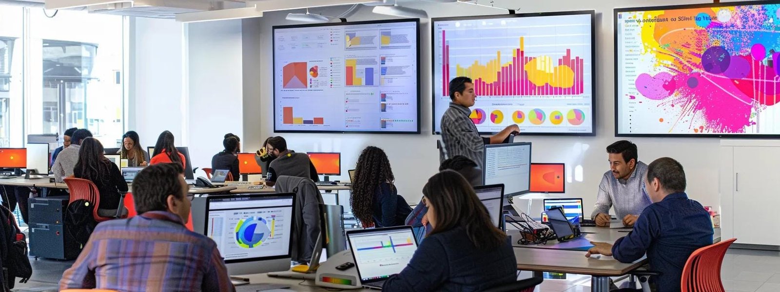a vibrant, dynamic office workspace showcasing a diverse team engaged in a collaborative brainstorming session, surrounded by digital screens displaying social media analytics and marketing strategies. a vibrant, dynamic office workspace showcasing a diverse team engaged in a collaborative brainstorming session, surrounded by digital screens displaying social media analytics and marketing strategies.