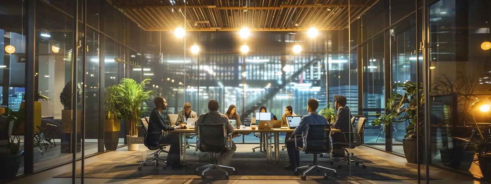 Modern office workspace with diverse team members in a meeting, discussing strategies for enhancing online presence and marketing effectiveness.