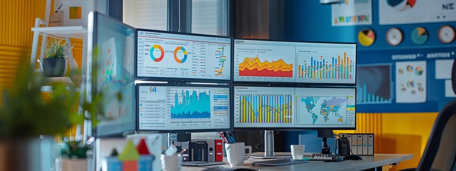 a vibrant office setting showcases a digital marketing strategist analyzing local search data on multiple monitors, surrounded by charts and maps that highlight community engagement and customer demographics. a vibrant office setting showcases a digital marketing strategist analyzing local search data on multiple monitors, surrounded by charts and maps that highlight community engagement and customer demographics.