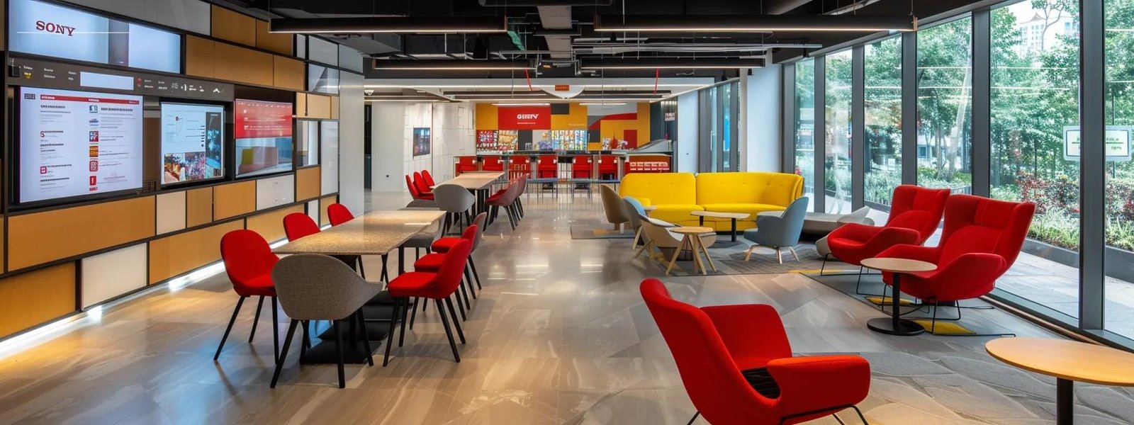 Vibrant modern office workspace featuring colorful seating, collaborative tables, and large screens displaying digital content, emphasizing the importance of effective web design in digital marketing strategies.