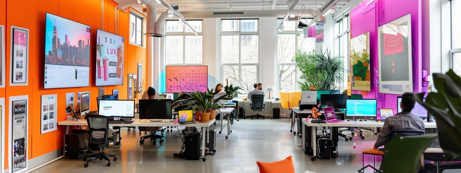 Vibrant office space with colorful walls, large digital screens displaying urban imagery, and employees engaged in local digital marketing activities, emphasizing creativity and collaboration.