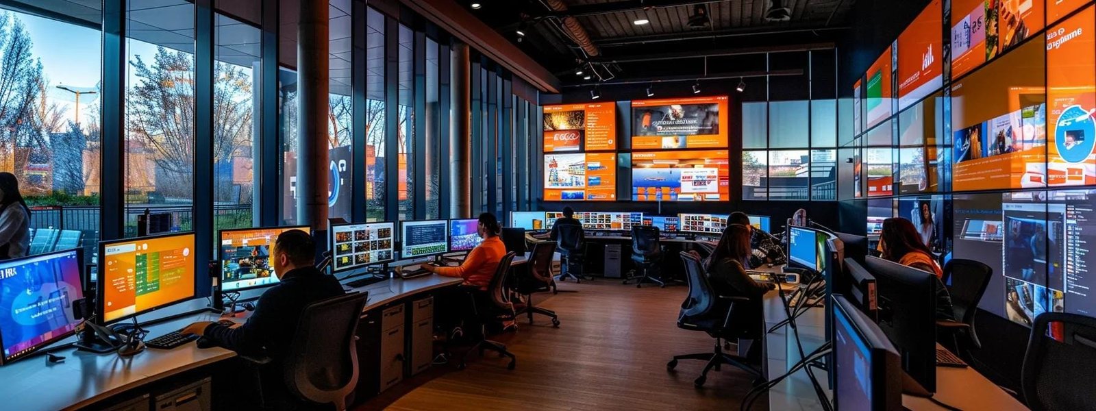 a vibrant urban office scene showcases a dynamic team engaging with multiple screens displaying social media analytics and brand visuals, embodying the transformative impact of a dedicated social media promotion company on brand visibility. a vibrant urban office scene showcases a dynamic team engaging with multiple screens displaying social media analytics and brand visuals, embodying the transformative impact of a dedicated social media promotion company on brand visibility.