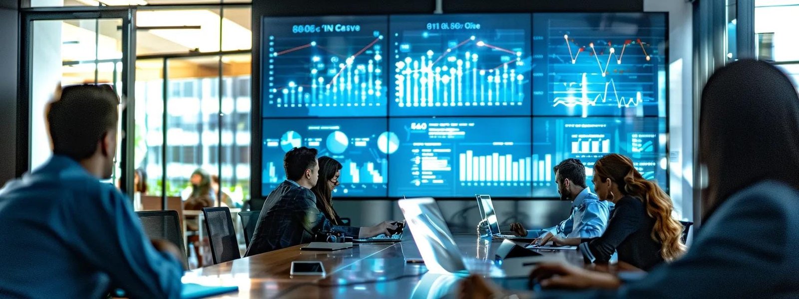 a vibrant urban office workspace, featuring a large digital screen displaying engaging graphs and charts related to digital marketing strategies, with professionals collaborating around a sleek conference table filled with laptops and digital marketing materials. a vibrant urban office workspace, featuring a large digital screen displaying engaging graphs and charts related to digital marketing strategies, with professionals collaborating around a sleek conference table filled with laptops and digital marketing materials.